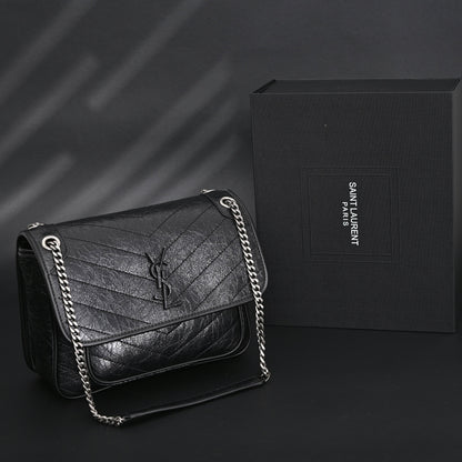 Saint Laurent Niki Medium Black Crinkled Leather Shoulder Bag